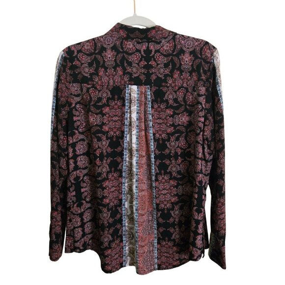 Ecru Patchwork Paisley Blouse Burgundy Cream Blue Patchwork Paisley Size L - Picture 2 of 9